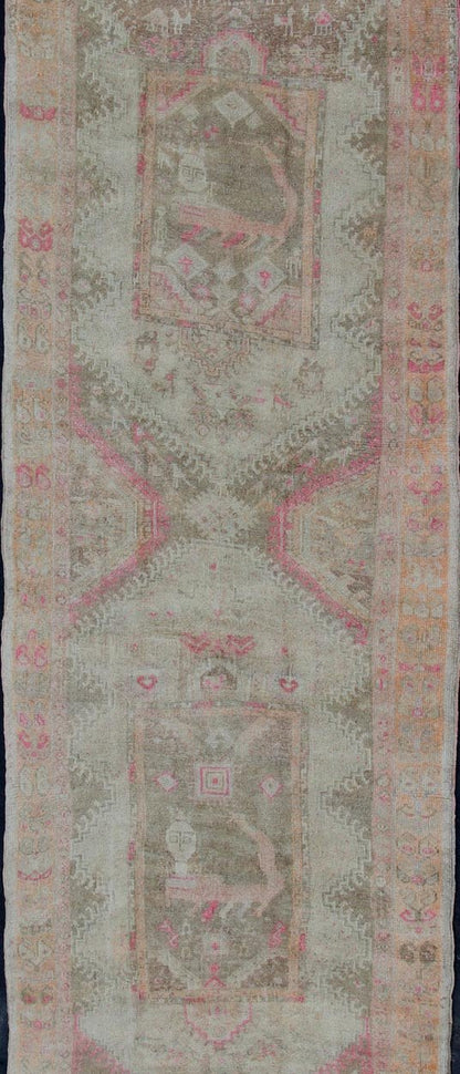 Long vintage runner, wide vintage runner from Turkey with vertical medallion design in green, purple, gray, pale orange and nude rug en - 176012, country of origin / type: Turkey / Oushak, circa 1940. This beautiful vintage Oushak runner from 1940... - Keivan Woven ArtsEN - 176012 - 11205Rug