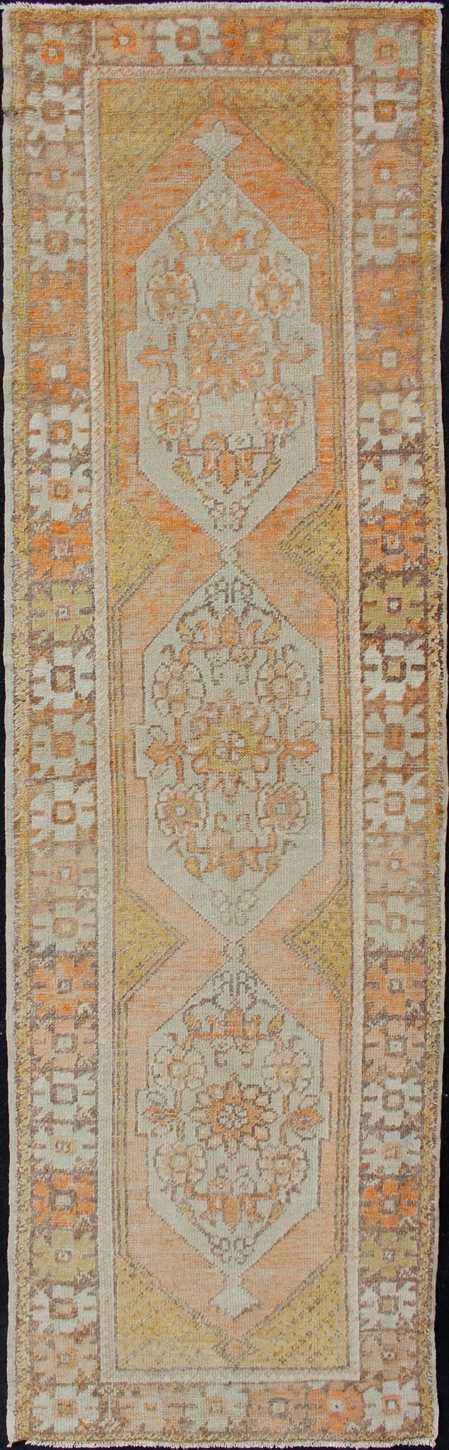 Vintage Turkish Oushak Runner with Geometric Design in Light Blue, Orange, Brown Orange, Light yellow, light Brown, light gray blue, and multi colors vintage Turkish Oushak runner with Geometric medallions, Keivan Woven Arts / rug EN - 176036, cou... - Keivan Woven ArtsEN - 176036 - 10964Rug
