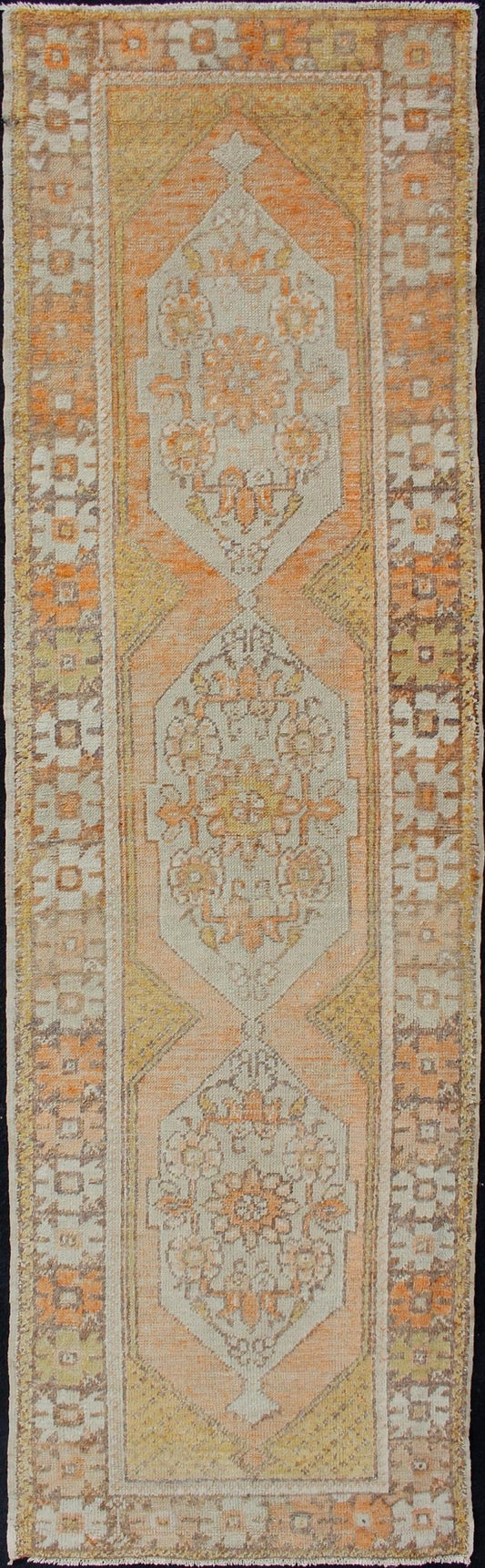 Vintage Turkish Oushak Runner with Geometric Design in Light Blue, Orange, Brown Orange, Light yellow, light Brown, light gray blue, and multi colors vintage Turkish Oushak runner with Geometric medallions, Keivan Woven Arts / rug EN - 176036, cou... - Keivan Woven ArtsEN - 176036 - 10964Rug