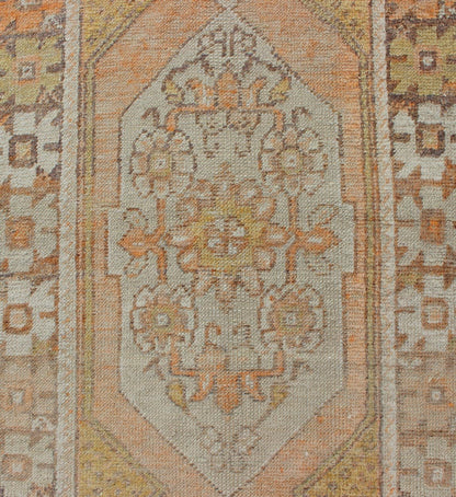 Vintage Turkish Oushak Runner with Geometric Design in Light Blue, Orange, Brown Orange, Light yellow, light Brown, light gray blue, and multi colors vintage Turkish Oushak runner with Geometric medallions, Keivan Woven Arts / rug EN - 176036, cou... - Keivan Woven ArtsEN - 176036 - 10964Rug