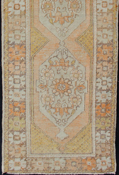 Vintage Turkish Oushak Runner with Geometric Design in Light Blue, Orange, Brown Orange, Light yellow, light Brown, light gray blue, and multi colors vintage Turkish Oushak runner with Geometric medallions, Keivan Woven Arts / rug EN - 176036, cou... - Keivan Woven ArtsEN - 176036 - 10964Rug