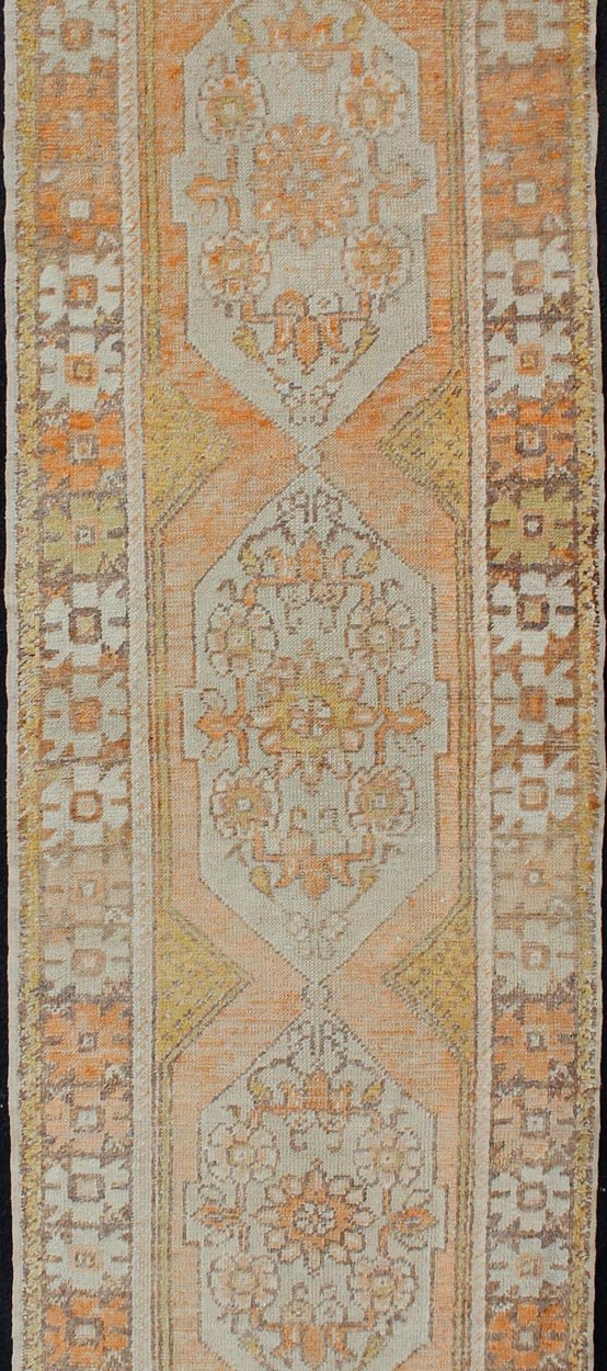 Vintage Turkish Oushak Runner with Geometric Design in Light Blue, Orange, Brown Orange, Light yellow, light Brown, light gray blue, and multi colors vintage Turkish Oushak runner with Geometric medallions, Keivan Woven Arts / rug EN - 176036, cou... - Keivan Woven ArtsEN - 176036 - 10964Rug