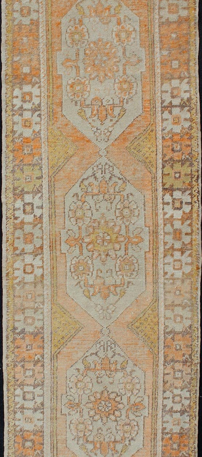 Vintage Turkish Oushak Runner with Geometric Design in Light Blue, Orange, Brown Orange, Light yellow, light Brown, light gray blue, and multi colors vintage Turkish Oushak runner with Geometric medallions, Keivan Woven Arts / rug EN - 176036, cou... - Keivan Woven ArtsEN - 176036 - 10964Rug