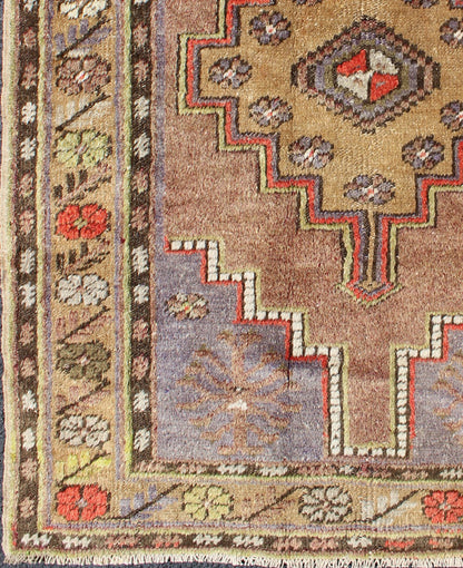 Colorful Vintage Turkish Oushak With Geometric Design. Vintage Turkish runner in green, soft yellow, pale purple, ivory, red, tan & taupe, Keivan Woven Arts/ rug EN - 176061, country of origin / type: Turkey / Oushak, circa 1940 Measures:3'... - Keivan Woven ArtsEN - 176061 - 10239Rug