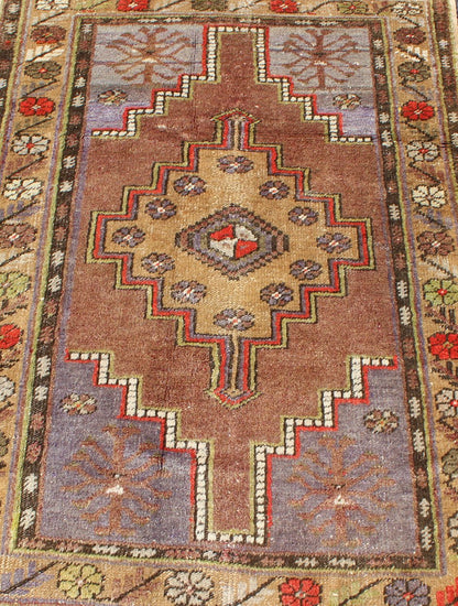 Colorful Vintage Turkish Oushak With Geometric Design. Vintage Turkish runner in green, soft yellow, pale purple, ivory, red, tan & taupe, Keivan Woven Arts/ rug EN - 176061, country of origin / type: Turkey / Oushak, circa 1940 Measures:3'... - Keivan Woven ArtsEN - 176061 - 10239Rug