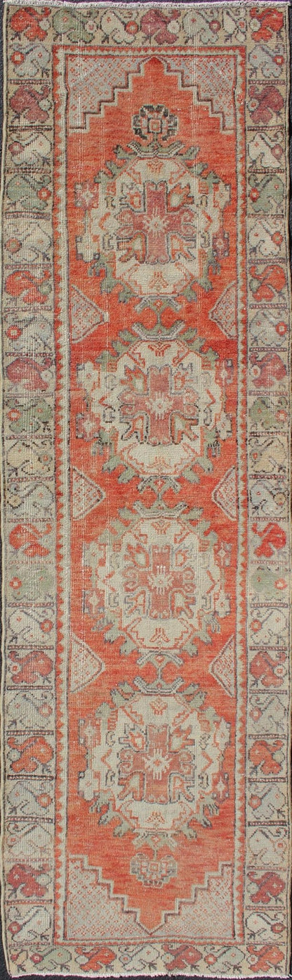 Colorful Turkish Oushak Runner with Layered Medallions and Large Scale complimentary Border Vintage Turkish Runner with Medallion Oushak Design in Bold Color Palette, rug EN - 176104, country of origin / type: Turkey / Oushak, circa 1940 Th... - Keivan Woven ArtsEN - 176104 - 10634Rug