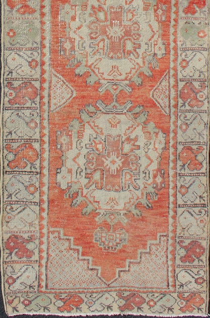 Colorful Turkish Oushak Runner with Layered Medallions and Large Scale complimentary Border Vintage Turkish Runner with Medallion Oushak Design in Bold Color Palette, rug EN - 176104, country of origin / type: Turkey / Oushak, circa 1940 Th... - Keivan Woven ArtsEN - 176104 - 10634Rug