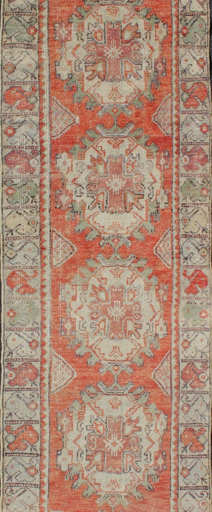 Colorful Turkish Oushak Runner with Layered Medallions and Large Scale complimentary Border Vintage Turkish Runner with Medallion Oushak Design in Bold Color Palette, rug EN - 176104, country of origin / type: Turkey / Oushak, circa 1940 Th... - Keivan Woven ArtsEN - 176104 - 10634Rug