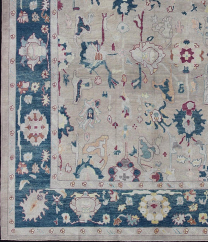 Oushak rug from Turkey with floral blossom all - over design rendered in gray, blue, ivory, and red tones, rug en - 176142, country of origin or type: Turkey or Oushak This striking Turkish Oushak rug bears a gray - colored body that is highlighted by... - Keivan Woven ArtsEN - 176142 - 10972Rug