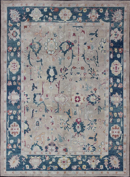 Oushak rug from Turkey with floral blossom all - over design rendered in gray, blue, ivory, and red tones, rug en - 176142, country of origin or type: Turkey or Oushak This striking Turkish Oushak rug bears a gray - colored body that is highlighted by... - Keivan Woven ArtsEN - 176142 - 10972Rug