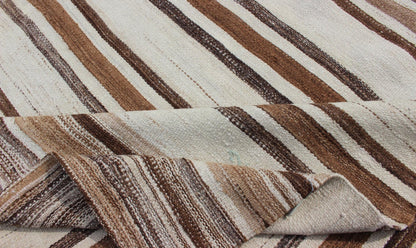 Striped Turkish Vintage Kilim Flat - Weave Rug in Shades of Browns Taupe and Ivory Keivan Woven Arts - Ivory and brown vintage Kilim from Turkey with Minimalist design in stripes, rug EN - 176194, country of origin / type: Turkey / Kilim, circa 1950 ... - Keivan Woven ArtsEN - 176194 - 12721Rug
