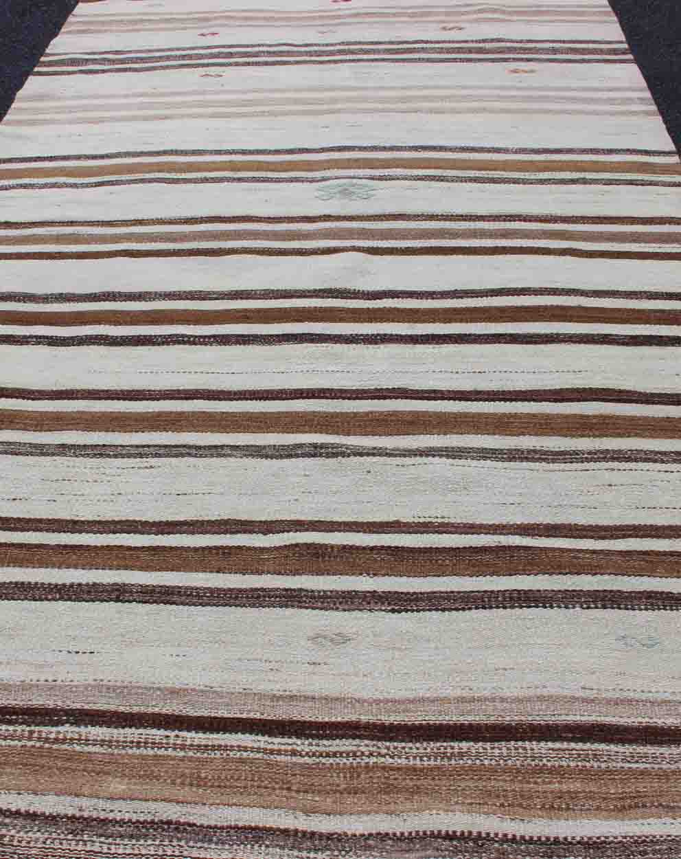 Striped Turkish Vintage Kilim Flat - Weave Rug in Shades of Browns Taupe and Ivory Keivan Woven Arts - Ivory and brown vintage Kilim from Turkey with Minimalist design in stripes, rug EN - 176194, country of origin / type: Turkey / Kilim, circa 1950 ... - Keivan Woven ArtsEN - 176194 - 12721Rug