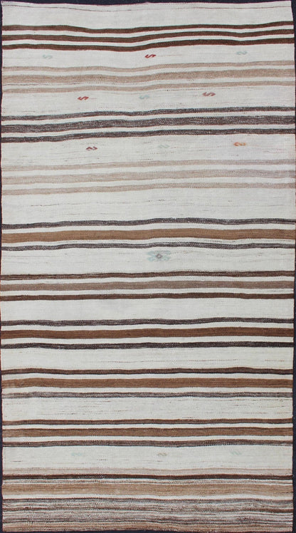 Striped Turkish Vintage Kilim Flat - Weave Rug in Shades of Browns Taupe and Ivory Keivan Woven Arts - Ivory and brown vintage Kilim from Turkey with Minimalist design in stripes, rug EN - 176194, country of origin / type: Turkey / Kilim, circa 1950 ... - Keivan Woven ArtsEN - 176194 - 12721Rug
