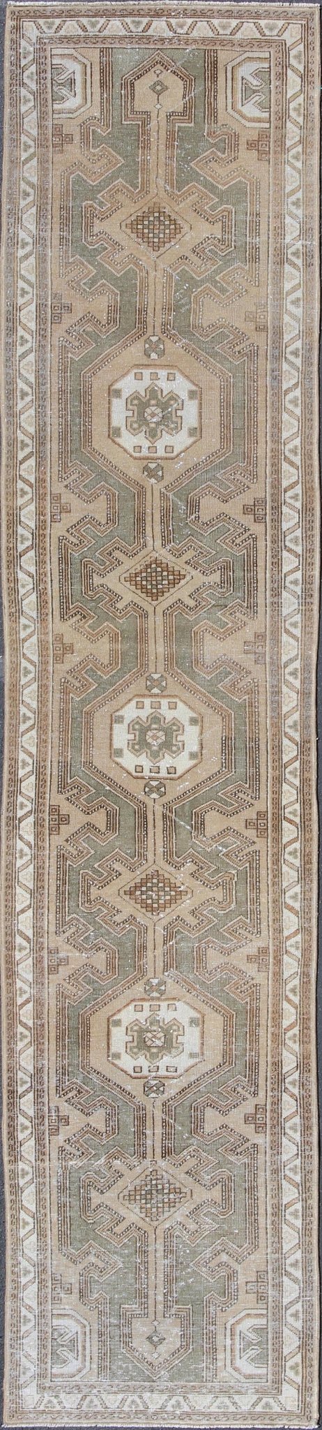 Earth - Tone Antique Persian Serab Runner With Geometric - Style Medallions Serab antique runner from Persia with medallion design in earthy color palette, Keivan Woven Arts / rug en - 176214, country of origin / type: Iran / Serab, circa 1910. ... - Keivan Woven ArtsEN - 176214 - 10110