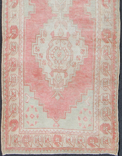 Vintage Turkish Oushak Runner with Multi - Medallion Design in Muted Red and Ivory Vintage Oushak Runner from Turkey with Vertical Medallion Design in Coral, Ivory, and Light Green, rug en - 176247, country of origin / type: Turkey / Oushak, circa 1... - Keivan Woven ArtsEN - 176247 - 10249Rug