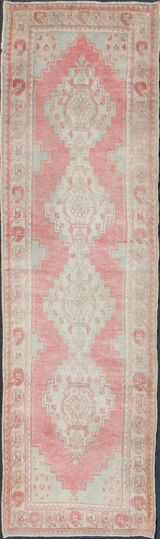 Vintage Turkish Oushak Runner with Multi - Medallion Design in Muted Red and Ivory Vintage Oushak Runner from Turkey with Vertical Medallion Design in Coral, Ivory, and Light Green, rug en - 176247, country of origin / type: Turkey / Oushak, circa 1... - Keivan Woven ArtsEN - 176247 - 10249Rug