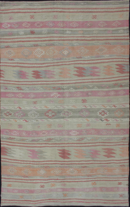Turkish Vintage Kilim with Assorted Stripe Design in a Variety of Soft Colors Turkish Kilim vintage rug with assorted stripe design in a variety of colors Turkish Kilim vintage rug with assorted stripe design in a variety of colors, rug en - 1... - Keivan Woven ArtsEN - 176251 - 11948