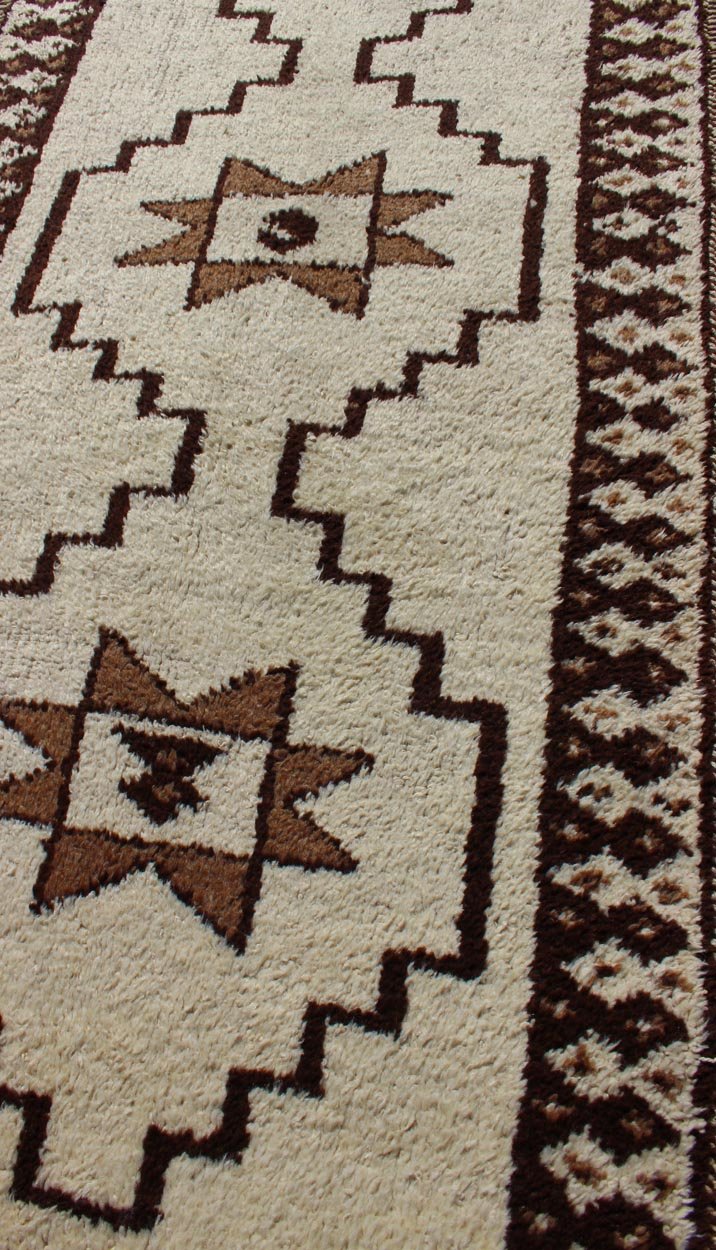 Long Runner Vintage Turkish Tulu with Modern Design in Cream, Brown Modern, Minimal Vintage Turkish Tulu Runner with Tribal Design in Cream, Brown Brown and cream tribal and modern design Turkish Tulu in geometric medallions, Long Tulu run... - Keivan Woven ArtsEN - 176273 - 10828Rug