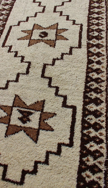 Long Runner Vintage Turkish Tulu with Modern Design in Cream, Brown Modern, Minimal Vintage Turkish Tulu Runner with Tribal Design in Cream, Brown Brown and cream tribal and modern design Turkish Tulu in geometric medallions, Long Tulu run... - Keivan Woven ArtsEN - 176273 - 10828Rug