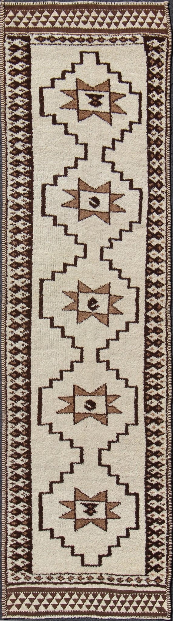 Long Runner Vintage Turkish Tulu with Modern Design in Cream, Brown Modern, Minimal Vintage Turkish Tulu Runner with Tribal Design in Cream, Brown Brown and cream tribal and modern design Turkish Tulu in geometric medallions, Long Tulu run... - Keivan Woven ArtsEN - 176273 - 10828Rug