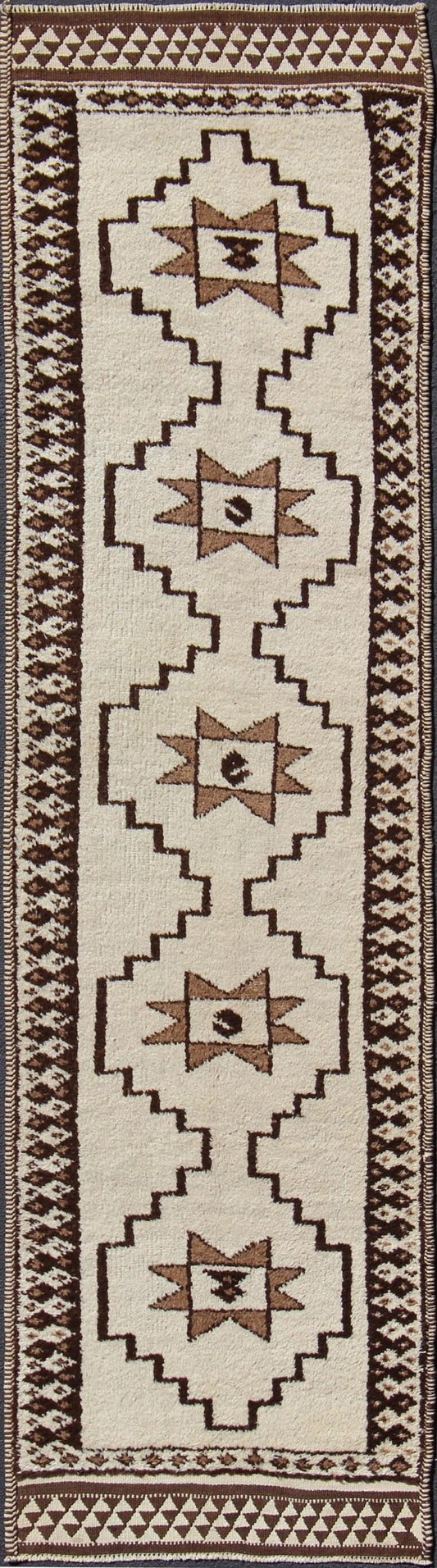 Long Runner Vintage Turkish Tulu with Modern Design in Cream, Brown Modern, Minimal Vintage Turkish Tulu Runner with Tribal Design in Cream, Brown Brown and cream tribal and modern design Turkish Tulu in geometric medallions, Long Tulu run... - Keivan Woven ArtsEN - 176273 - 10828Rug