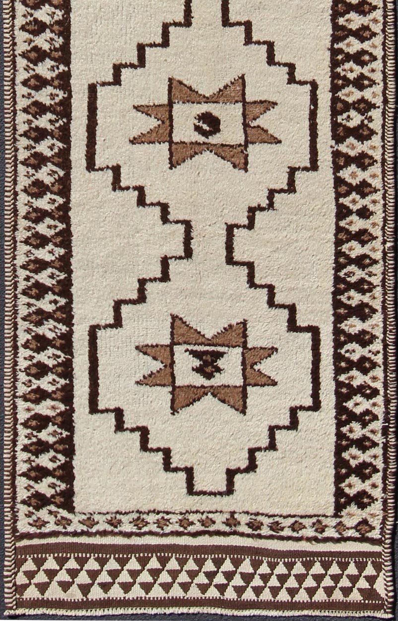 Long Runner Vintage Turkish Tulu with Modern Design in Cream, Brown Modern, Minimal Vintage Turkish Tulu Runner with Tribal Design in Cream, Brown Brown and cream tribal and modern design Turkish Tulu in geometric medallions, Long Tulu run... - Keivan Woven ArtsEN - 176273 - 10828Rug