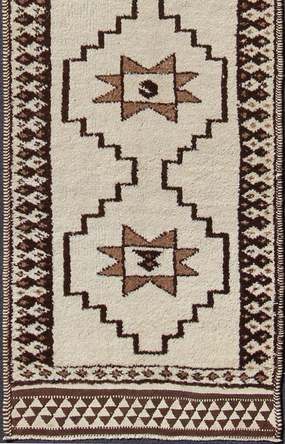 Long Runner Vintage Turkish Tulu with Modern Design in Cream, Brown Modern, Minimal Vintage Turkish Tulu Runner with Tribal Design in Cream, Brown Brown and cream tribal and modern design Turkish Tulu in geometric medallions, Long Tulu run... - Keivan Woven ArtsEN - 176273 - 10828Rug
