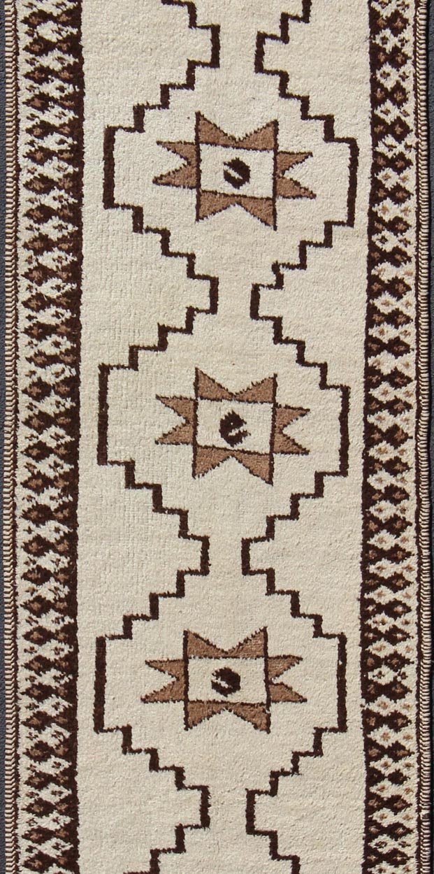 Long Runner Vintage Turkish Tulu with Modern Design in Cream, Brown Modern, Minimal Vintage Turkish Tulu Runner with Tribal Design in Cream, Brown Brown and cream tribal and modern design Turkish Tulu in geometric medallions, Long Tulu run... - Keivan Woven ArtsEN - 176273 - 10828Rug