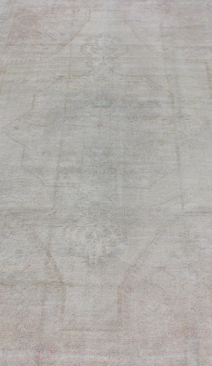 Neutral Vintage Oushak Turkish Rug in Pale brown, pale green, pink and cream colors. Measures: 4'6 x 7'3 Finely woven Vintage Oushak Carpet with Faded colors and Design, Keivan Woven Arts/ rug EN - 176289, country of origin / type: Turkey ... - Keivan Woven ArtsEN - 176289 - 10998Rug