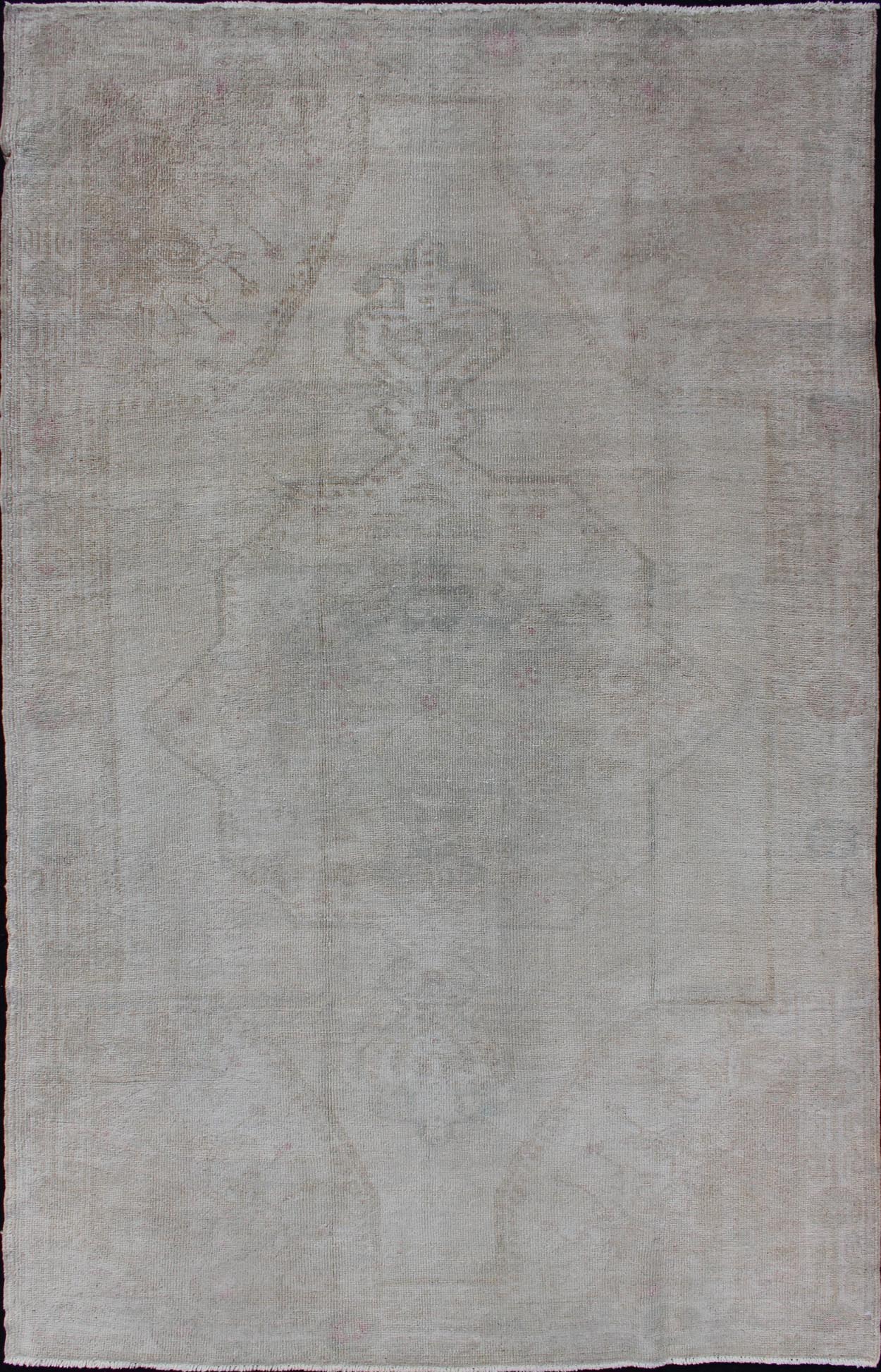 Neutral Vintage Oushak Turkish Rug in Pale brown, pale green, pink and cream colors. Measures: 4'6 x 7'3 Finely woven Vintage Oushak Carpet with Faded colors and Design, Keivan Woven Arts/ rug EN - 176289, country of origin / type: Turkey ... - Keivan Woven ArtsEN - 176289 - 10998Rug
