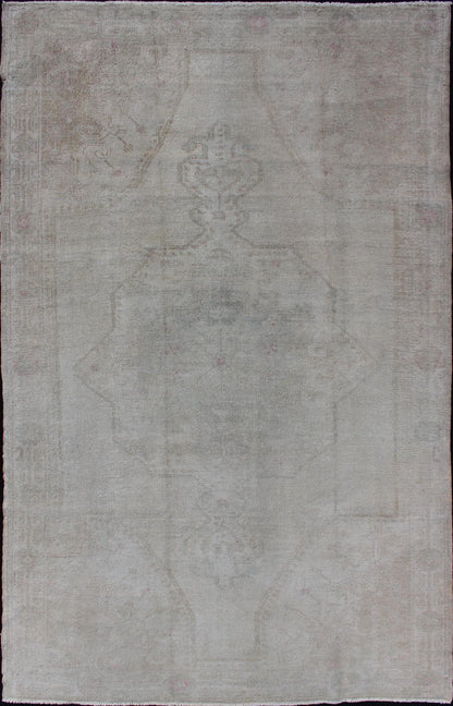 Neutral Vintage Oushak Turkish Rug in Pale brown, pale green, pink and cream colors. Measures: 4'6 x 7'3 Finely woven Vintage Oushak Carpet with Faded colors and Design, Keivan Woven Arts/ rug EN - 176289, country of origin / type: Turkey ... - Keivan Woven ArtsEN - 176289 - 10998Rug