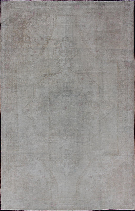 Neutral Vintage Oushak Turkish Rug in Pale brown, pale green, pink and cream colors. Measures: 4'6 x 7'3 Finely woven Vintage Oushak Carpet with Faded colors and Design, Keivan Woven Arts/ rug EN - 176289, country of origin / type: Turkey ... - Keivan Woven ArtsEN - 176289 - 10998Rug