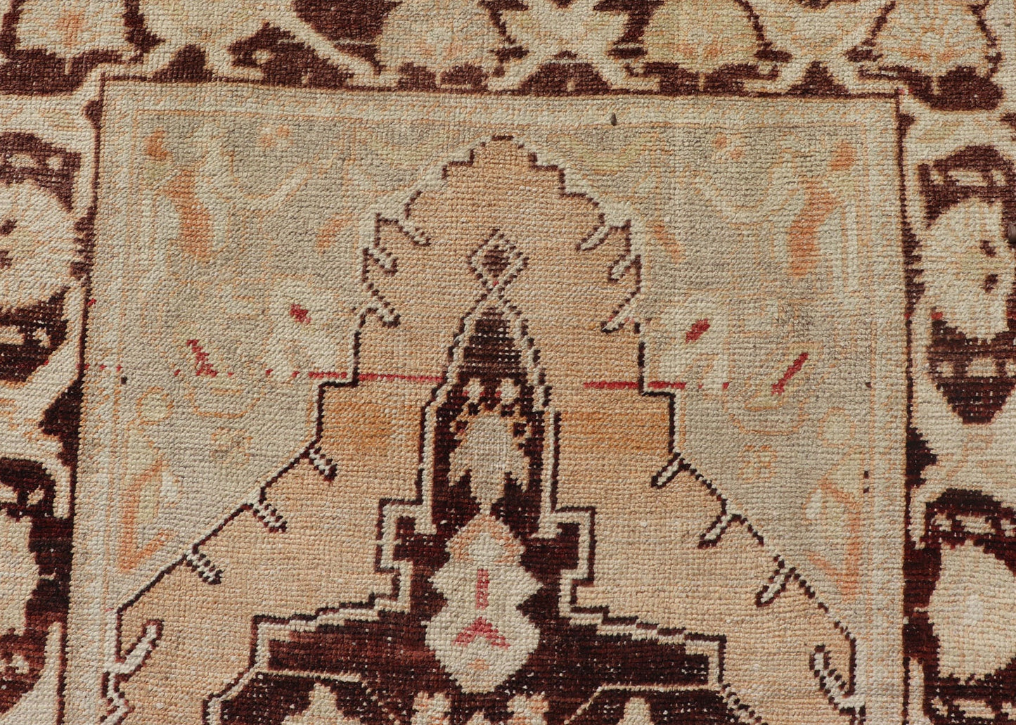 Vintage Turkish Oushak Rug in Orange, Brown, Taupe, and Light Green Vintage oushak from Turkey with Medallion design in various tones of orange, tan, sand, taupe, brown, and light green. Keivan Woven Arts / rug EN - 176290, country of origin / typ... - Keivan Woven ArtsEN - 176290 - 17448Rug