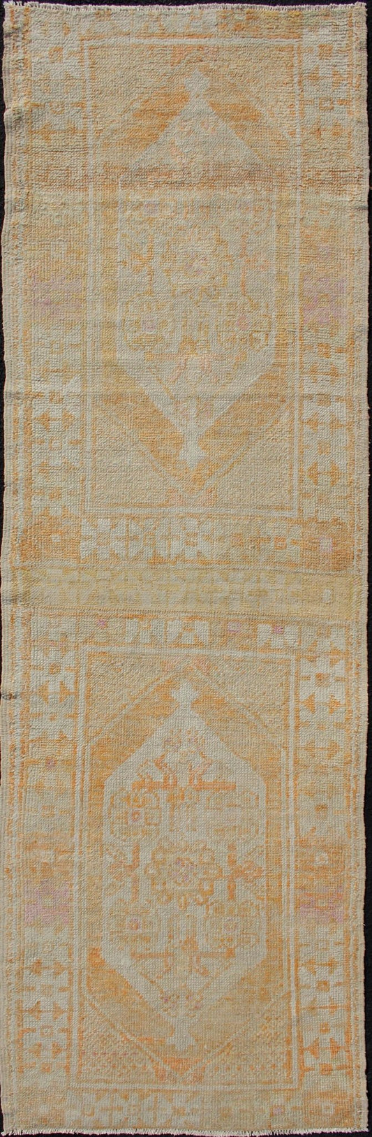 Vintage Turkish Oushak Runner With Medallion's in Light Blue, Cream, Light Orange Dual Panel Oushak runner from Turkey with Medallions, Keivan Woven Arts / rug EN - 176297, country of origin / type: Turkey / Oushak, circa 1940 This vintage... - Keivan Woven ArtsEN - 176297 - 11004Rug