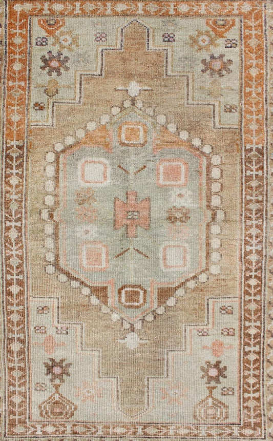 Medallion Antique Oushak Rug from Turkey Beautiful Turkish Rug with Cheerful Design, rug en - 176299, country of origin / type: Turkey / Oushak, circa 1930 This antique Turkish Oushak rug features a central medallion design flanked by vario... - Keivan Woven ArtsEN - 176299 - 11277Rug