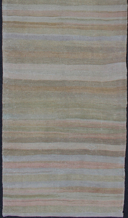 Striped Vintage Turkish Flat - Weave Runner With Minimalist & Modern Design. Vintage Kilim runner from Turkey with stripes, rug/EN - 176326, country of origin / type: Turkey / Kilim, circa 1960 This softly striped - design vintage runner from T... - Keivan Woven ArtsEN - 176326 - 12725Rug