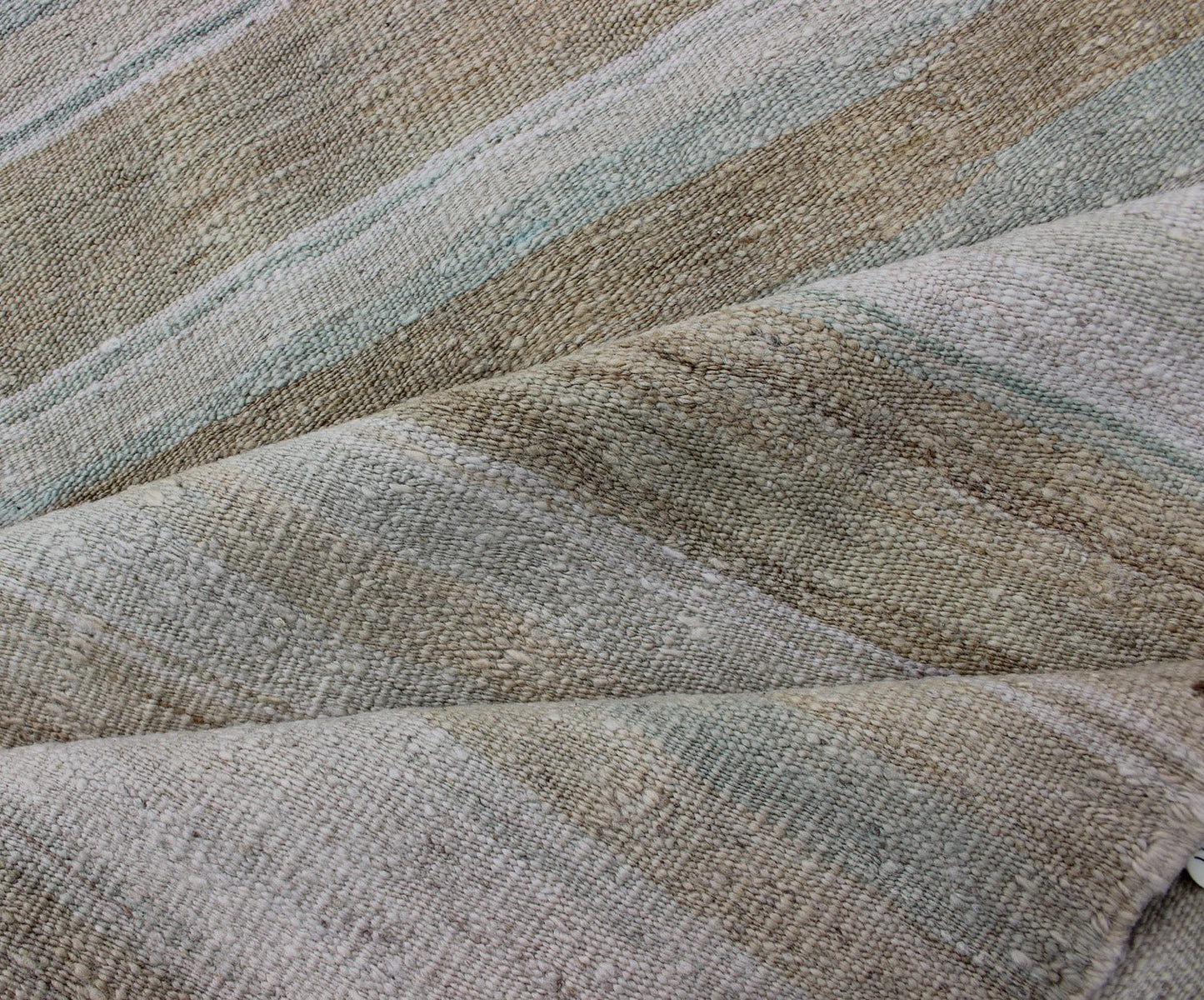 Vintage Turkish Flat - Weave Runner With Stripe Design Cream, Tan, Taupe, and Light Green Modern Kilim runner from Turkey with stripes. Keivan Woven Arts / rug EN - 176337, country of origin / type: Turkey / Kilim, circa 1960 This modern - ... - Keivan Woven ArtsEN - 176337 - 12729Rug