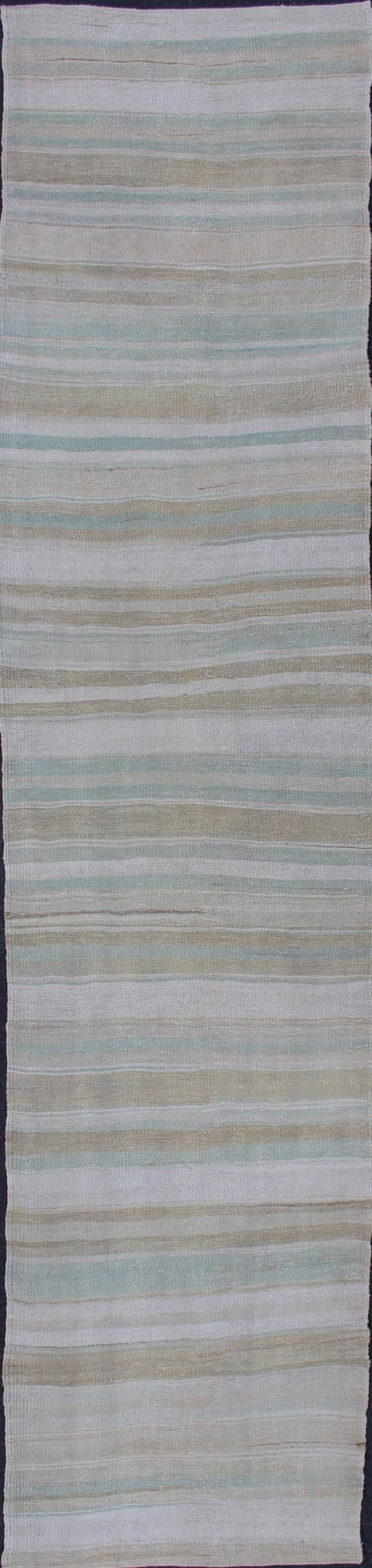 Vintage Turkish Flat - Weave Runner With Stripe Design Cream, Tan, Taupe, and Light Green Modern Kilim runner from Turkey with stripes. Keivan Woven Arts / rug EN - 176337, country of origin / type: Turkey / Kilim, circa 1960 This modern - ... - Keivan Woven ArtsEN - 176337 - 12729