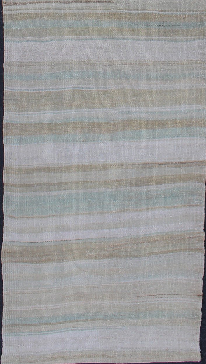 Vintage Turkish Flat - Weave Runner With Stripe Design Cream, Tan, Taupe, and Light Green Modern Kilim runner from Turkey with stripes. Keivan Woven Arts / rug EN - 176337, country of origin / type: Turkey / Kilim, circa 1960 This modern - ... - Keivan Woven ArtsEN - 176337 - 12729Rug