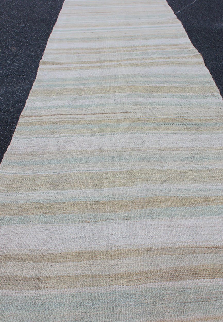 Vintage Turkish Flat - Weave Runner With Stripe Design Cream, Tan, Taupe, and Light Green Modern Kilim runner from Turkey with stripes. Keivan Woven Arts / rug EN - 176337, country of origin / type: Turkey / Kilim, circa 1960 This modern - ... - Keivan Woven ArtsEN - 176337 - 12729Rug