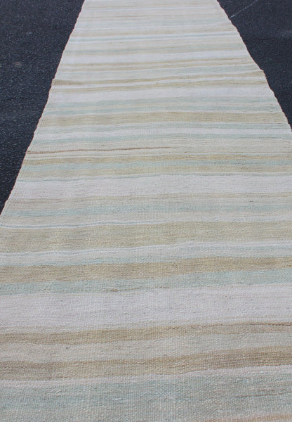 Vintage Turkish Flat - Weave Runner With Stripe Design Cream, Tan, Taupe, and Light Green Modern Kilim runner from Turkey with stripes. Keivan Woven Arts / rug EN - 176337, country of origin / type: Turkey / Kilim, circa 1960 This modern - ... - Keivan Woven ArtsEN - 176337 - 12729Rug