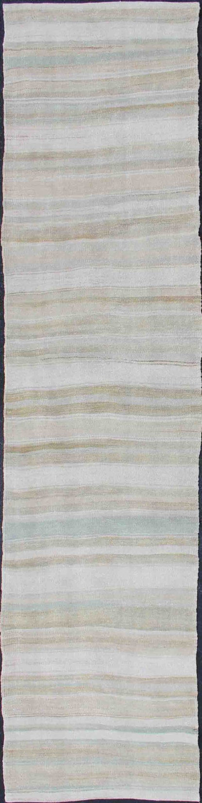 Vintage Turkish Kilim Runner with Stripes and Modern Design in Muted Colors. Keivan Woven Arts / rug / EN - 176338 country of origin / type: Turkey / Kilim, circa 1950 Measures: 2'4 x 10'0 This vintage flat - woven Kilim runner features a minimalist... - Keivan Woven ArtsEN - 176338 - 12733Rug