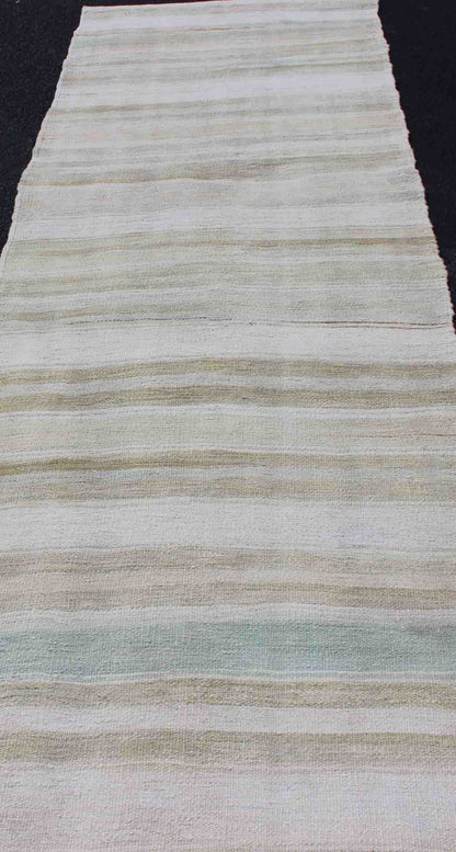 Vintage Turkish Kilim Runner with Stripes and Modern Design in Muted Colors. Keivan Woven Arts / rug / EN - 176338 country of origin / type: Turkey / Kilim, circa 1950 Measures: 2'4 x 10'0 This vintage flat - woven Kilim runner features a minimalist... - Keivan Woven ArtsEN - 176338 - 12733Rug