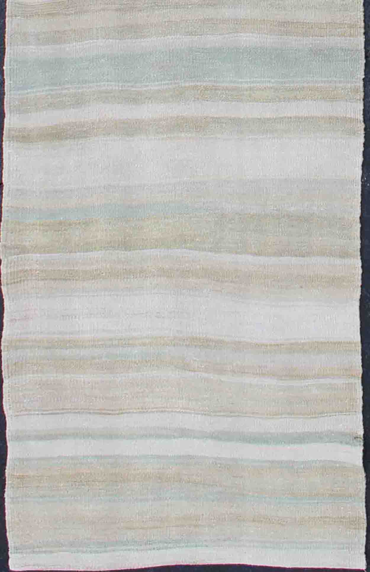 Vintage Turkish Kilim Runner with Stripes and Modern Design in Muted Colors. Keivan Woven Arts / rug / EN - 176338 country of origin / type: Turkey / Kilim, circa 1950 Measures: 2'4 x 10'0 This vintage flat - woven Kilim runner features a minimalist... - Keivan Woven ArtsEN - 176338 - 12733Rug