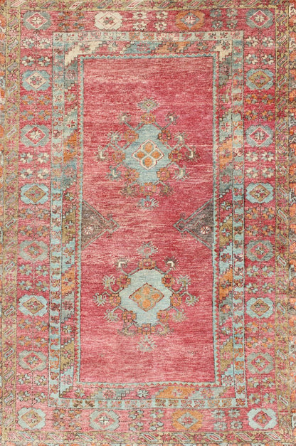 Antique Oushak with Coral Pink, Orange, Gray, Taupe Light Brown & Light Blue kwarugs Vibrant Medallion design Turkish antique rug, rug en - 176416, country of origin / type: Turkey / Oushak, circa 1930 Antique Oushak with coral pink, orange, g... - Keivan Woven ArtsEN - 176416 - 11441Rug
