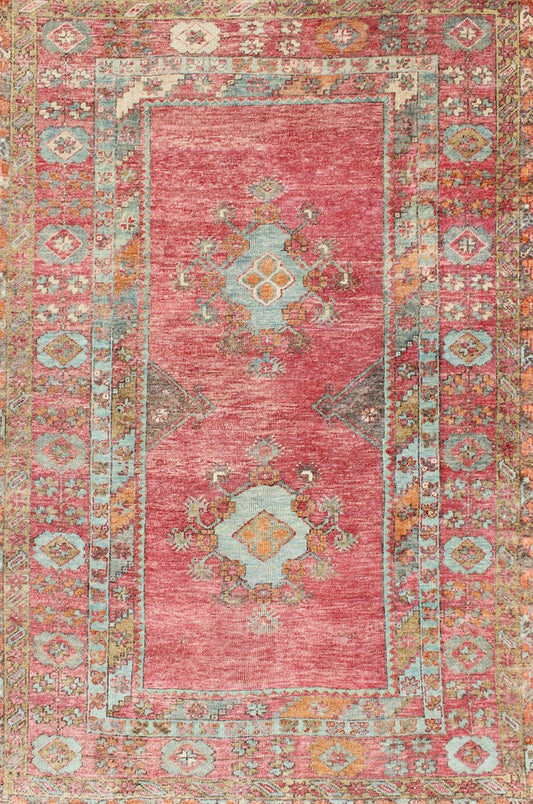 Antique Oushak with Coral Pink, Orange, Gray, Taupe Light Brown & Light Blue kwarugs Vibrant Medallion design Turkish antique rug, rug en - 176416, country of origin / type: Turkey / Oushak, circa 1930 Antique Oushak with coral pink, orange, g... - Keivan Woven ArtsEN - 176416 - 11441Rug