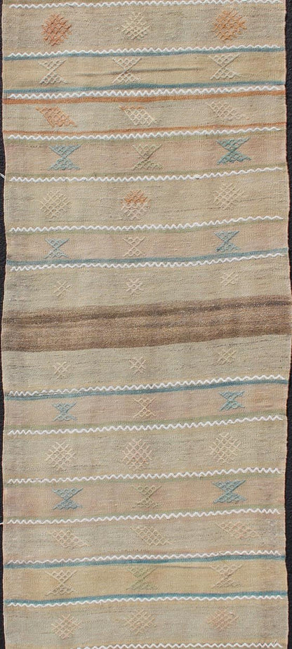 Vintage Turkish Kilim Runner In Stripe and Modern Design with Geometric Motif Vintage Turkish Kilim runner with a stripe and modern design with motif of geometric design Minimalist stripe design Kilim runner from Turkey, rug en - 10, Keivan Woven... - Keivan Woven ArtsEN - 176422 - 11016Rug
