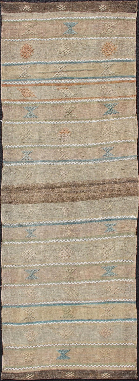 Vintage Turkish Kilim Runner In Stripe and Modern Design with Geometric Motif Vintage Turkish Kilim runner with a stripe and modern design with motif of geometric design Minimalist stripe design Kilim runner from Turkey, rug en - 10, Keivan Woven... - Keivan Woven ArtsEN - 176422 - 11016Rug