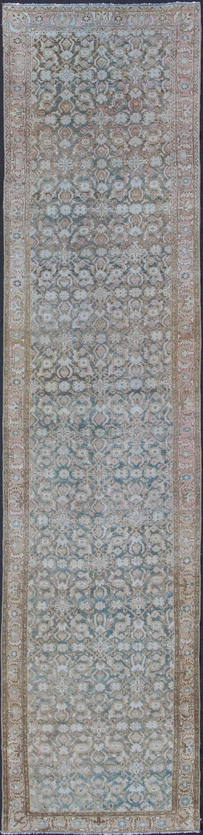 Antique Persian Malayer Runner With Herati Design in Light Tones of Light Blue and Cream. Keivan Woven Arts / rug EN - 176451, country of origin / type: Iran / Mahal, circa 1920 Measures: 3'6 x 15'1. This antique Persian Malayer runner, circa earl... - Keivan Woven ArtsEN - 176451 - 10114Rug