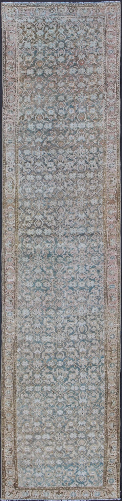 Antique Persian Malayer Runner With Herati Design in Light Tones of Light Blue and Cream. Keivan Woven Arts / rug EN - 176451, country of origin / type: Iran / Mahal, circa 1920 Measures: 3'6 x 15'1. This antique Persian Malayer runner, circa earl... - Keivan Woven ArtsEN - 176451 - 10114Rug
